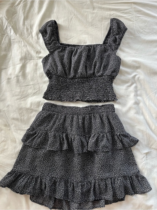 Altar'd State Dresses & Skirts - Altar'd State Black Microdot Ruffle Smocked Mini Skirt Set
